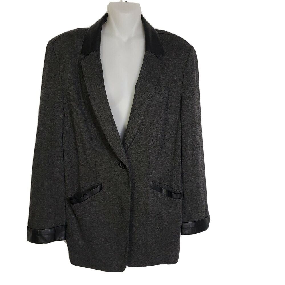 Susan Graver Womens Ponte Jacket Size 8 Gray Faux Black Leather Trim A268351